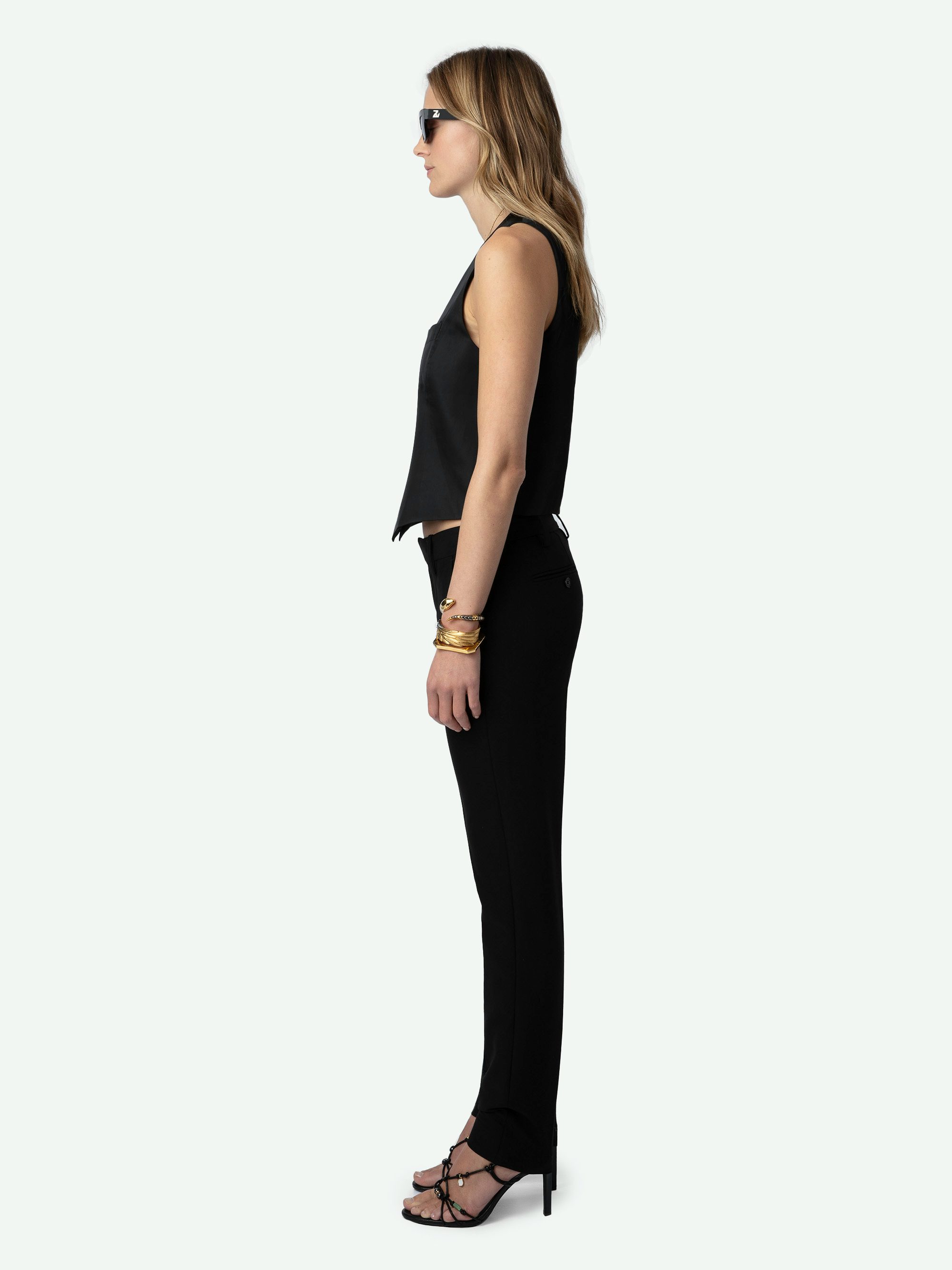 Emaux Waistcoat Satin - Sleeveless V-neck button-up waistcoat-style black satin top.